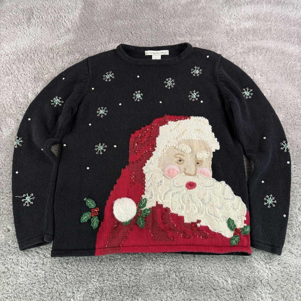 Carly St Claire Womens S Black Christmas Sweater Santa Sequins Beaded Snowflake